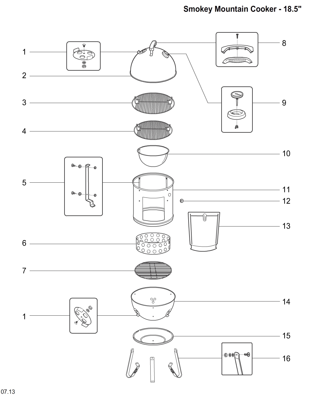 Weber 63005 Lid assembly, 18.5" Smokey Mountain Cooker, black, '09